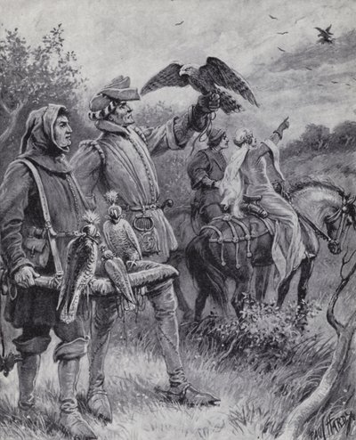 Falkejakt i middelalderen (litho) av Paul (after) Hardy