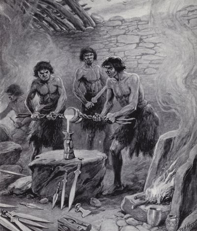Menn som arbeider i et støperi under bronsealderen (litho) av Paul (after) Hardy
