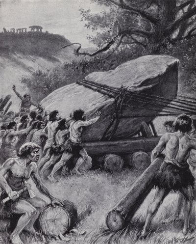 Paleolittiske menn som flytter en gigantisk steinplate på hjul (litho) av Paul (after) Hardy