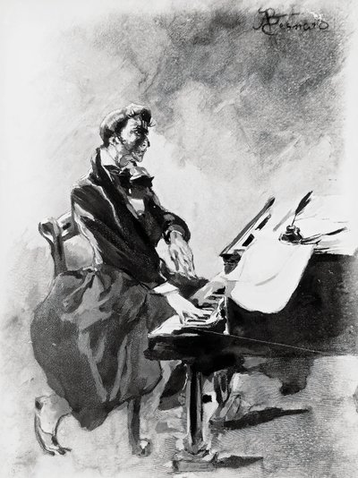 Komponisten og pianisten Frederic Chopin spiller piano, av Albert Besnard (1849-1934), akvarell av Paul Albert Besnard