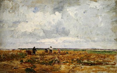 Et Dachau-landskap med bønder og kvinner som arbeider landet (olje på papp) av Paul Baum