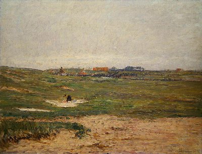 Gårdsgård med kvinne som legger ut vasking (olje på lerret) av Paul Baum