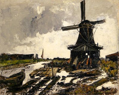 Holland, et kanallandskap med en vindmølle i tresag, ca. 1885 (olje på lerret) av Paul Baum