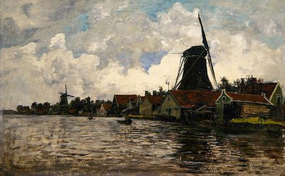 Holland, elvelandskap med to vindmøller (olje på tre) av Paul Baum