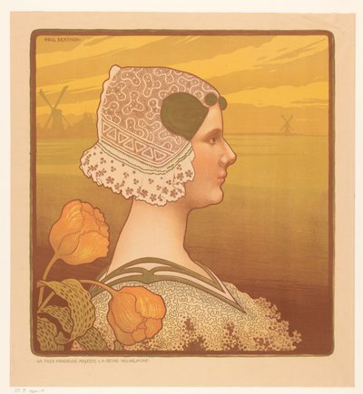 Portrett av dronning Wilhelmina i tradisjonell drakt Sa très grasiøse majeste la reine Wilhelmine (tittel på objekt) av Paul Berthon