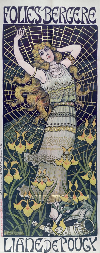 Plakatreklame for Liane de Pougy ved Folies-Bergere, Paris, slutten av 1800-tallet av Paul Berthon