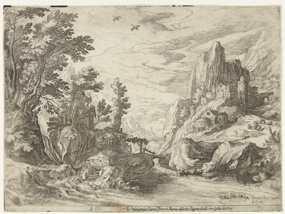 Elvelandskap i Campania med en by på steiner av Paul Bril