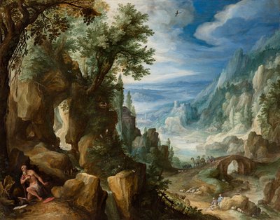 Fjelllandskap med Saint Hieronymus, 1592 (olje på kobber på panel) av Paul Bril