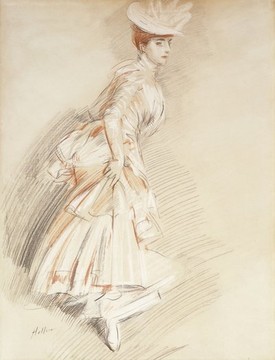 En elegant dame, stående i full lengde, av Paul Cesar Helleu