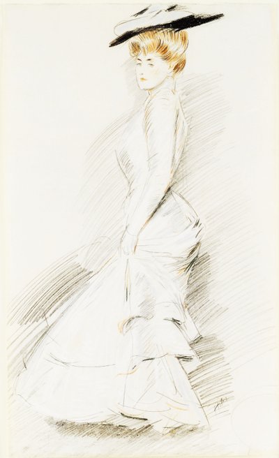En elegant dame i en hvit kjole, av Paul Cesar Helleu