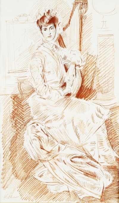 Madame Helleu sitter ved en harpe, av Paul Cesar Helleu