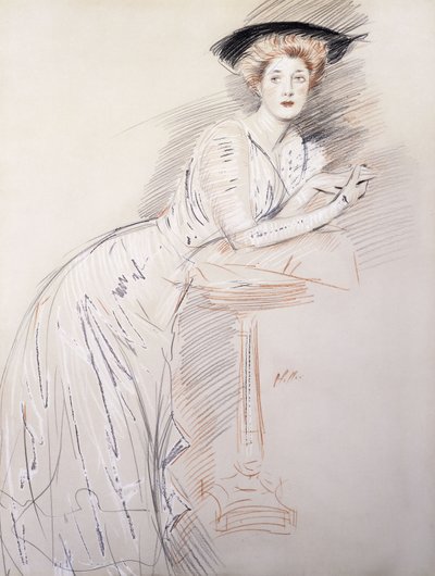 Portrett av frøken Taylor lener seg på et bord, av Paul Cesar Helleu