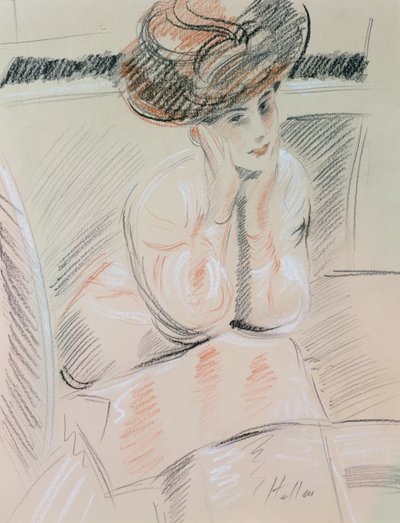 Portrett av en dame (svart, hvitt og rødt kritt på brunpapir) av Paul Cesar Helleu