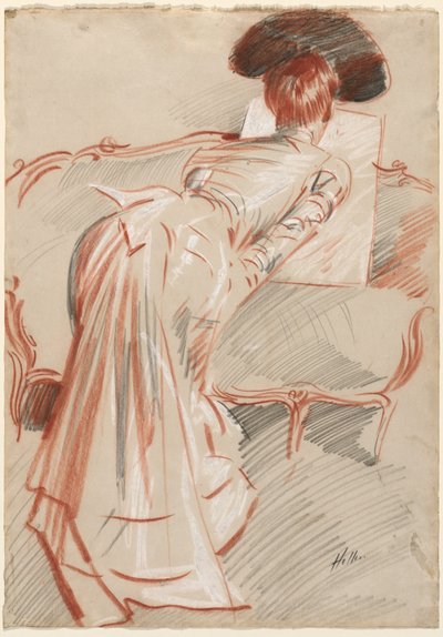 Kvinne (muligens Madame Alice Hellu) som ser på en tegning, ca. 1895 (svart, rød og hvit kritt) av Paul Cesar Helleu