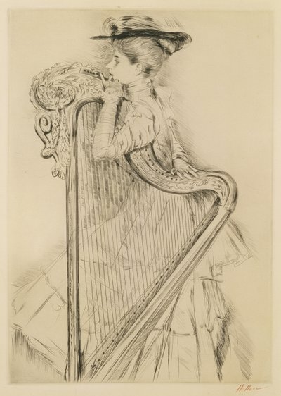 Kvinne med harpe (tørrpunkt) av Paul Cesar Helleu