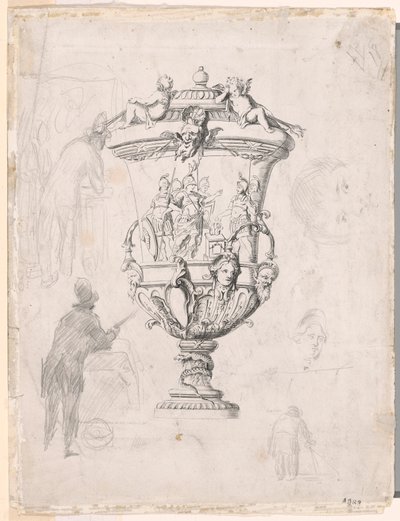 Figurstudier rundt en gravering av en dekorativ vase av Paul Cézanne