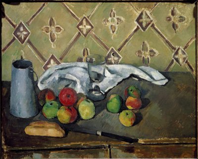 Frukt, serviett og melkeboks - Olje på lerret av Paul Cézanne