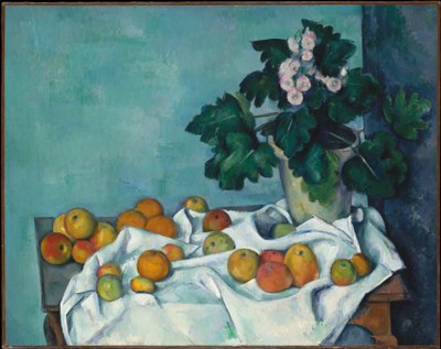 Stilleben med epler og en potte primula av Paul Cézanne