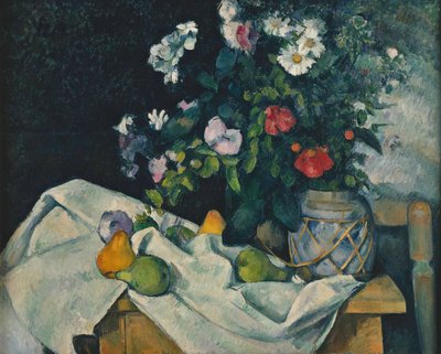 Blomster i en krukke med ingefær og frukt av Paul Cézanne