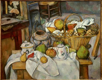 Stilleben-kjøkkenbordet til en fruktkurv poserer på et bord. Maleri av Paul Cezanne (1839-1906) 1888 Søn. 0,65x0,81 m Paris, musee d'Orsay - Kjøkkenbord eller Stilll-life med kurv. Gjenstander og frukter satt sammen på et bord. Maleri av Paul Cezanne ( av Paul Cézanne
