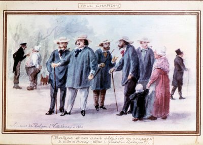 Den franske forfatteren Honore de Balzac (1799-1850) og vennene hans forkledde seg som bønder i byen Avray i 1840. Akvarell malt etter minnet av Paul Chardin (1833-?) av Paul Chardin
