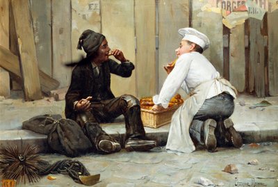 «Den lille bakeren og den lille skorsteinsfeieren» De to barna koser seg med bakverk på fortauet. Skorsteinsfeieren er dekket av sot, mens bakeren er kledd i plettfrie hvite klær. Maleri av Paul Chocarne Moreau (Chocarne-Moreau) (1855) av Paul Charles Chocarne-Moreau