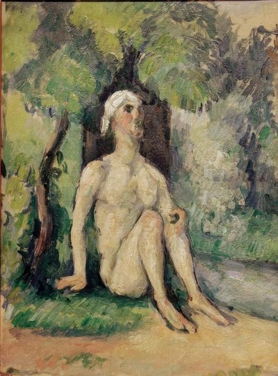 Badende sitter ved vannet av Paul Cézanne