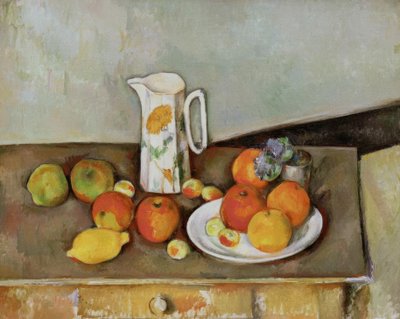 Stilleben: melkekanne og frukt på et bord av Paul Cézanne