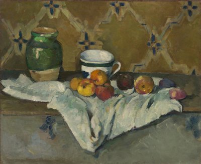 Stilleben med krukke, kopp og epler, ca. 1877 av Paul Cézanne