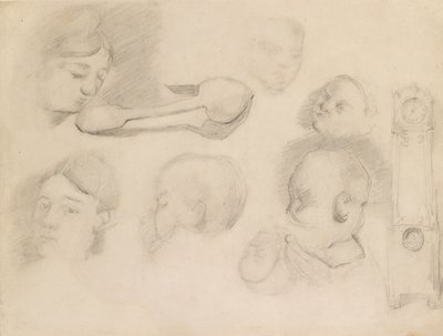 Studier av et barnehode, en kvinnes hode, en skje og en klokke, c1872 av Paul Cézanne