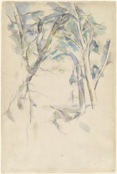 Trær som lener seg over steiner, ca. 1892. av Paul Cézanne