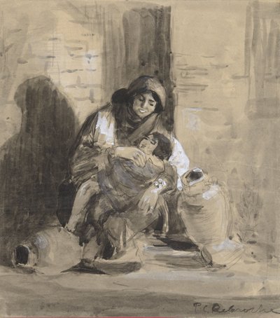 Sittende jødisk kvinne fra Gaza, med barnet sitt og to store mugger av Paul Delaroche