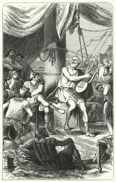 Homer underholder utenlandske sjømenn med en sang (gravering) av Paul Dominique Philippoteaux