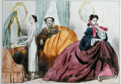 Tegneserie som satiriserer moten til krinolinen, ca. 1860 (litho-farge) av Paul Emile Detouche