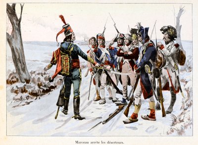 Marceau arrete des deserteurs: Francois-Severin Desgraviers Marceau (1769-1796) arresterer soldatene fra den republikanske hæren i Vendee (85) - Illustrasjon av Emile Boutigny (1853-1929) I "Hoche-Marceau-Desaix" av Theodore Cahu ( 1854-1928) - Privat kol av Paul Émile Boutigny