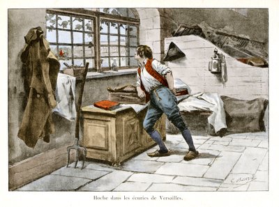 Rangle i stallen i Versailles: Lazare Hoche (1768-1797) gikk inn i den kongelige stallen 14 år gammel som overtallig assistent - Illustrasjon av Emile Boutigny (1853-1929) I "Hoche-Marceau-Desaix" av Theodore Cahu (1854-192) ) - Privat samling av Paul Émile Boutigny