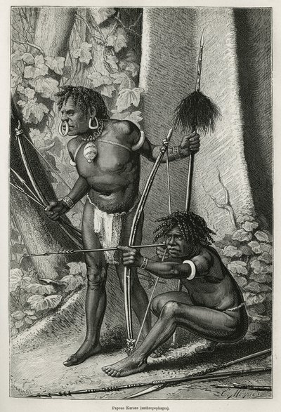 Portretter av to papøse Karoner, antropofager, gravering av E.Mesples, for å illustrere reisen til New Guinee av Achille Raffray, betrodd et vitenskapelig oppdrag av departementet for offentlig utdanning, i 1876-1877, publisert i tour du monde, under av Paul Eugene (after) Mesples