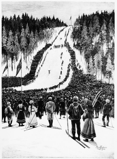 Ski: Det norske derbyet, skirennet - tegning av Paul fisher, feb. 1900, Bibl. des Arts Deco. av Paul Fischer