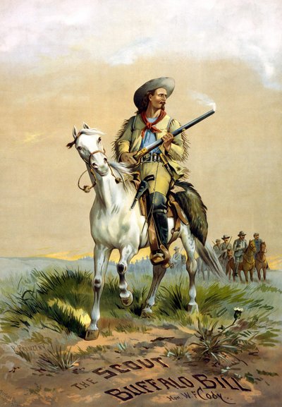 Omslag til boken "The Scout Buffalo Bill" av Han. W.F. Cody, illustrasjon av P. Frenzeny, sd. mellom 1860 og 1890. av Paul Frenzeny