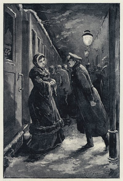 Illustrasjon for Anna Karenina: Vronsky møter Anna på stasjonen (litho) av Paul Frenzeny