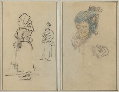 En bretonsk kvinne og en stående mann; Hodet og hånden til en ape [recto] av Paul Gauguin