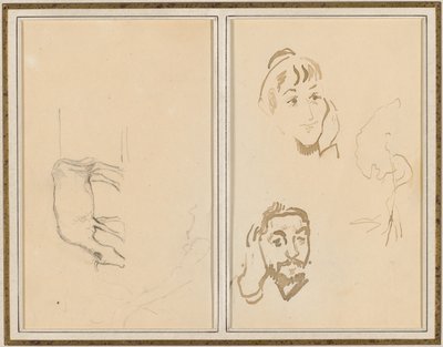 En beitende ku; Hodet til en kvinne med hånden på kinnet, og hodet til en mann med hånden på øret [verso] av Paul Gauguin