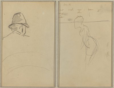 Et menneskehode med hatt, sett bakfra; En stående kvinne [recto] av Paul Gauguin