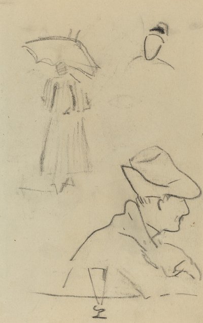 En person som holder en paraply og en sittende mann med en hatt og et glass [verso] av Paul Gauguin