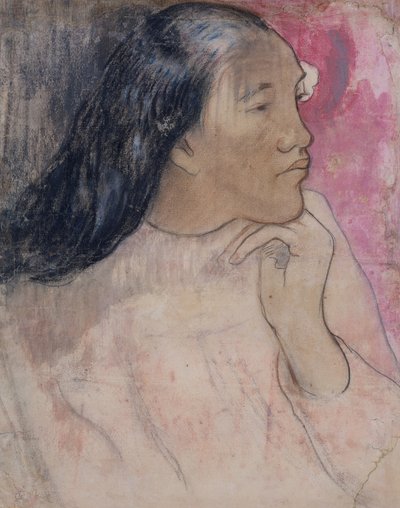 En tahitisk kvinne med en blomst i håret, 1891-92 (kull, pastell og vask) av Paul Gauguin