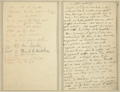 Adresseliste; Manuskriptside [recto] av Paul Gauguin