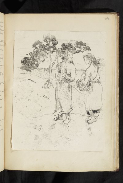 Før og etter - To kvinner i samtale i et landskap av Paul Gauguin