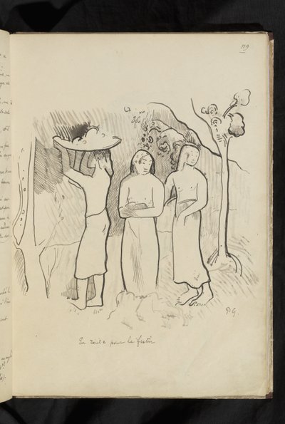 Før og etter - tegning "På vei til festen" av Paul Gauguin