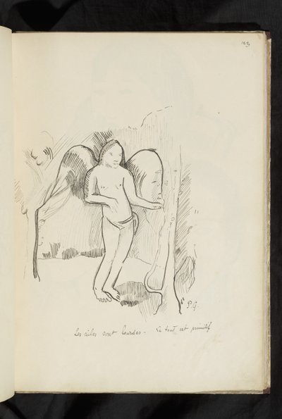 Før og etter - tegning "Vingene er tunge. Alt er primitivt" av Paul Gauguin