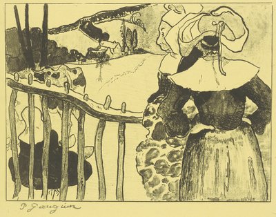 Bretonische Frauen neben einem Zaun av Paul Gauguin